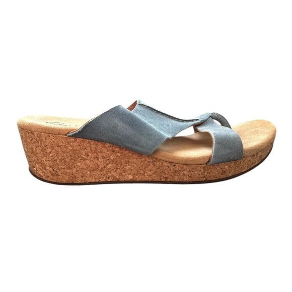 Clarks Elements Soft Suede Soft Cork Heel Cushion Thong Blue Sandal Sz 10 - Picture 8 of 13